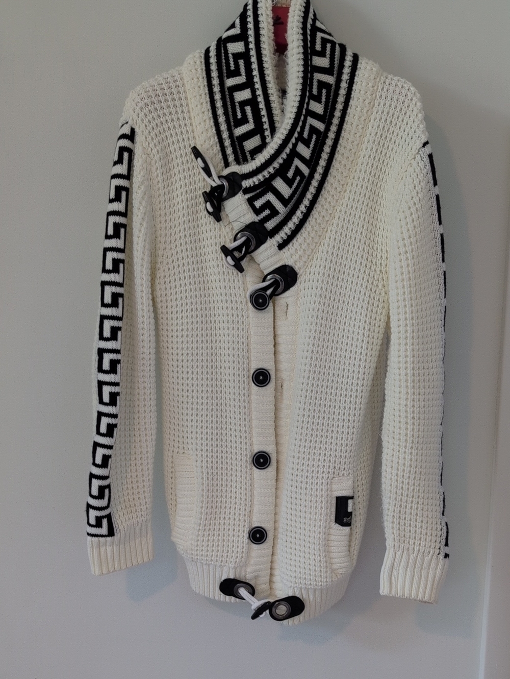 White Knit Shawl Collar Cardigan with Black Greek Key Trim